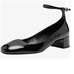 FSJ Black Block Low Heel Pumps Round Toe Ankle Strap Comfortable Wedding Shoes